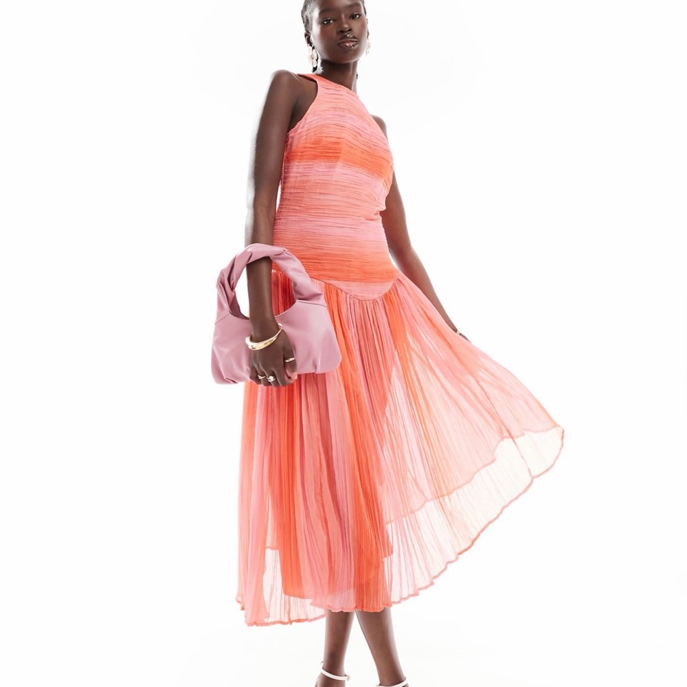 ASOS Design shirred bodice midi dress in pink and red stripe